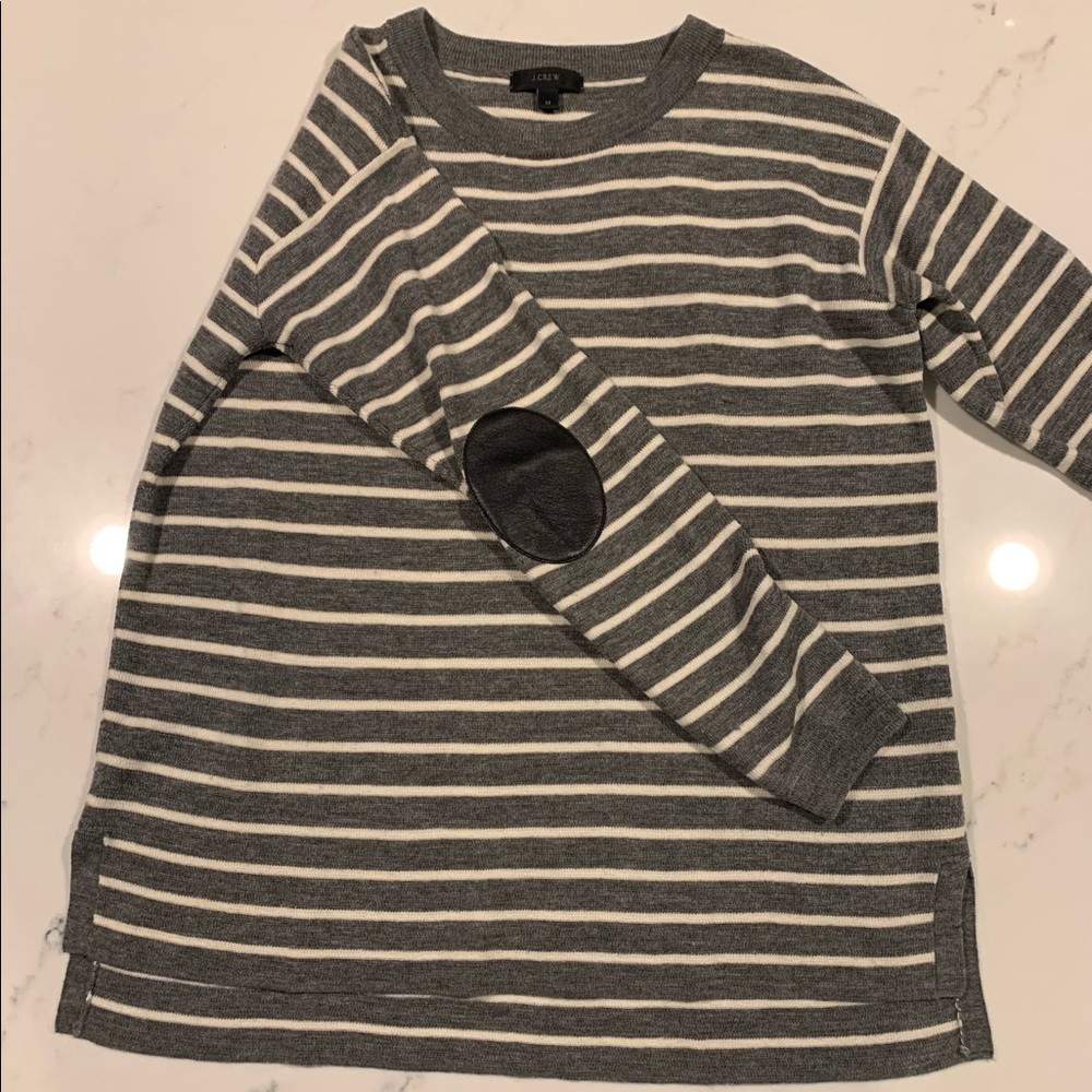Classy and unique jcrew striped sweater with faux leather elbow patches